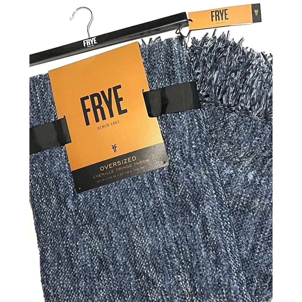 FRYE Throw Blanket Woven Chenille With Fringe Navy Blue DENIM 50 x 70" NWT